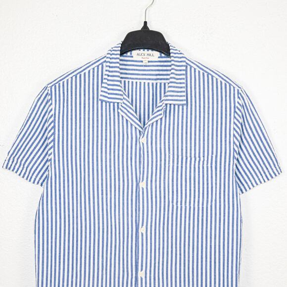 ALEX MILL Men's Seersucker Camp Shirt Blue striped Short Sleeve sz Large - Picture 2 of 7